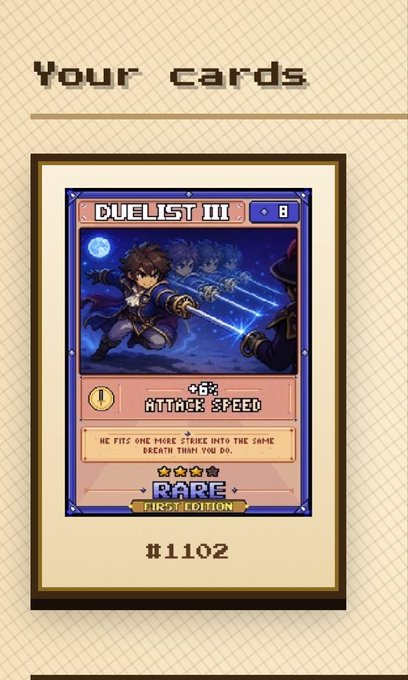 A digital trading card titled 'DUELIST III' featuring a sword-wielding character with the trait 'ATTACK SPEED' and the quote 'HE FITS ONE MORE STRIKE INTO THE SAME BREATH THAN YOU DO,' labeled as a 4-star RARE card #1102.