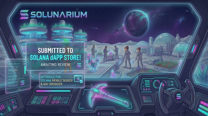 A futuristic space scene showing astronauts exploring an extraterrestrial colony with biodomes, accompanied by a dashboard control panel in the foreground. The image includes text reading "SOLUNARIUM," "SUBMITTED TO SOLANA dAPP STORE! AWAITING REVIEW," and "OPTIMIZED FOR SOLANA MOBILE SEEKER & ANY BROWSER," visually celebrating the game's submission to the Solana dApp Store.