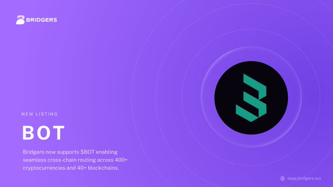 A purple promotional graphic for Bridgers announcing a 'NEW LISTING' for $BOT, supporting cross-chain routing across 400+ cryptocurrencies and 40+ blockchains.