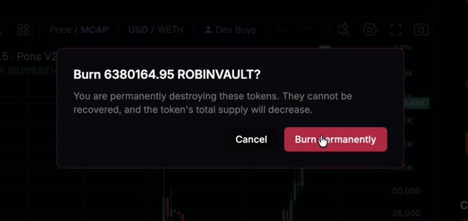 A screenshot of a crypto interface showing a confirmation prompt to 'Burn 6380164.95 ROBINVAULT?' with Cancel and 'Burn permanently' buttons.