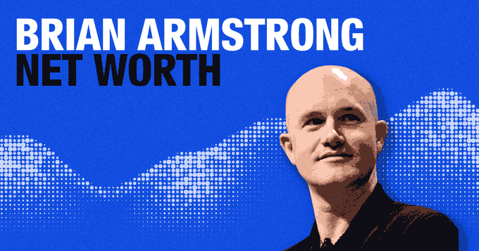 A blue graphic with the text "BRIAN ARMSTRONG NET WORTH" featuring a stylized portrait of a bald man on the right side against a dotted wave pattern.
