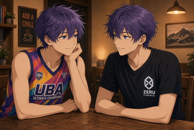 An anime-style café scene shows two purple-haired men seated at a table, one wearing a colorful “UBA ULTIMATE CHAMPIONS” jersey and the other a black “ZERU FINANCE” shirt.