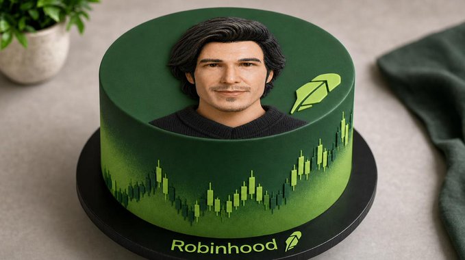 A green birthday cake decorated with an edible image of a man's face, a Robinhood logo, and a green stock market candlestick chart design, with 'Robinhood' written on the base.
