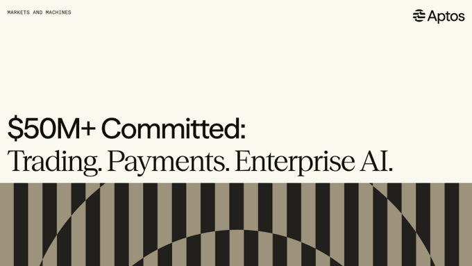 A promotional graphic for Aptos titled "$50M+ Committed: Trading. Payments. Enterprise AI." under the heading "MARKETS AND MACHINES."
