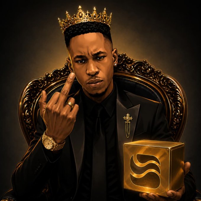 The image features an artist wearing a black suit and gold crown while holding a golden box with the word "RiverdotInc" written on it. The caption reads, "Good morning from the Table of Violence. If you'r a creator or an investor right now and you don't have $RIVER in your wallet or you're not creating educational content about the @RiverdotInc ecosystem, you should be stoned to death".