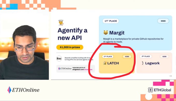 A man speaks alongside a slide for an ETHOnline hackathon titled 'Agentify a new API' with $1,000 in prizes, showing winners including 1st place Margit ($500), 2nd place LATCH ($300), and 3rd place Legwork ($200).