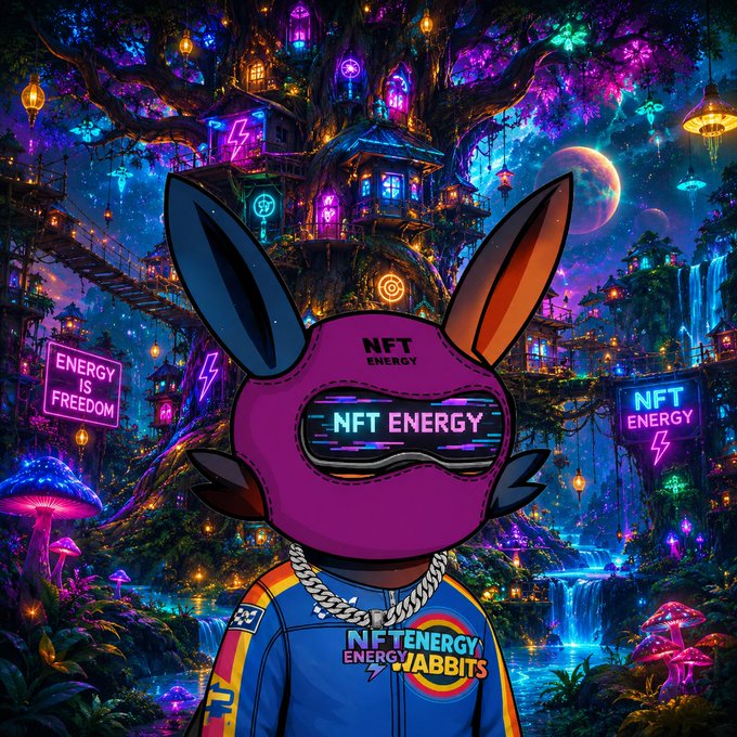 A vibrant digital artwork features a character wearing a pink 'NFT ENERGY' mask and a blue racing jacket, set against a fantastical glowing treehouse scene with neon signs reading 'ENERGY IS FREEDOM' and 'NFT ENERGY'.