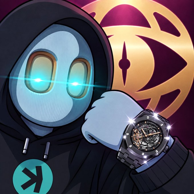 An animated hooded figure with glowing cyan eyes displays an Audemars Piguet skeleton watch on its wrist, set against a gold AP logo and magenta background, with a teal "K" logo in the corner—visually teasing the upcoming @watchdotfun giveaway of Rolex and AP luxury watches.