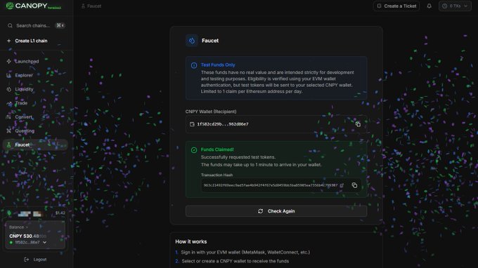 A screenshot of the Canopy Protocol interface showing a Faucet page where test funds were successfully claimed to an EVM wallet address.