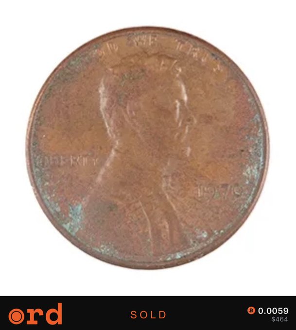 A 1970 Lincoln cent displaying notable red coloration with significant green verdigris corrosion around the edges, sold on ord.net for $464, as indicated by the "SOLD" label and weight "0.0059" at the bottom.