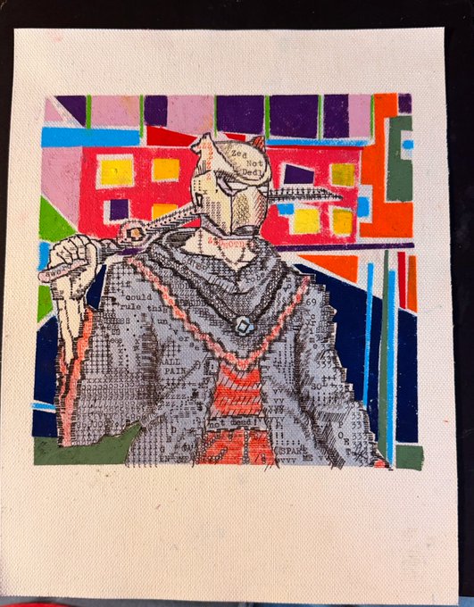 A mixed-media collage artwork featuring a knight in chainmail and red robe holding a sword, with the text 'should rule' and 'PAIN' visible, set against a colorful geometric background.