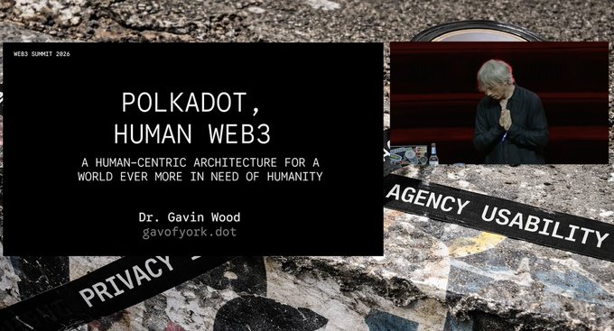 The image shows Dr. Gavin Wood presenting his keynote titled "POLKADOT, HUMAN WEB3: A Human-Centric Architecture for a World Ever More in Need of Humanity" at Web3 Summit 2026, with decorative banners highlighting themes of "PRIVACY" and "AGENCY/USABILITY" visible in the background. The composition visually reinforces the post's takeaway about Polkadot's evolution toward emphasizing digital sovereignty, identity, privacy, and user experience over purely technical infrastructure concerns.