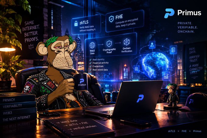 A promotional image for Primus featuring an illustrated monkey character in a cyberpunk setting with a laptop, surrounded by holographic text including 'zkTLS', 'FHE', 'Compute on encrypted data, keep it private', 'Web2 Data', 'Cryptographic Proof', 'Onchain Verification', and 'Same Internet. Better Proofs.' alongside the Primus logo.
