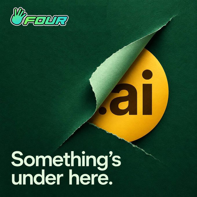 A dark green teaser graphic with the FOUR logo at top left, torn paper revealing yellow “.ai,” and the headline “Something’s under here.”