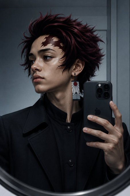 A person with spiky maroon hair and a flame-like mark on their forehead takes a mirror selfie with a black smartphone, wearing a black coat and a square earring with a red sun design, creating a stylish 'good morning' scene for their friends.
