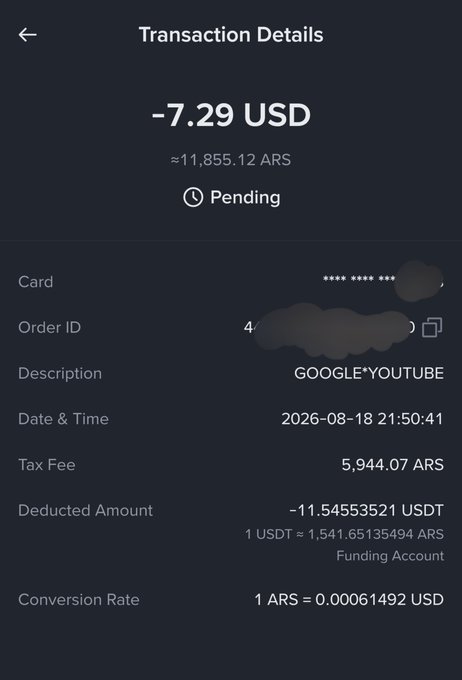 A mobile transaction details screen showing a pending charge of -7.29 USD (≈11,855.12 ARS) for GOOGLE*YOUTUBE on 2026-08-18, with a deducted amount of 11.54553521 USDT and a conversion rate of 1 ARS = 0.00061492 USD.