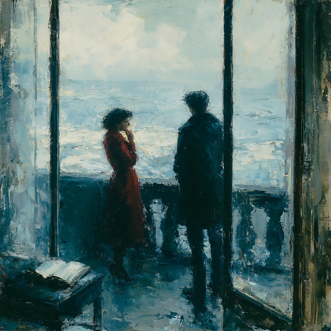 An impressionist-style painting depicting two figures, one in red and one in dark clothing, standing on a balcony overlooking a misty, light blue sea or landscape.