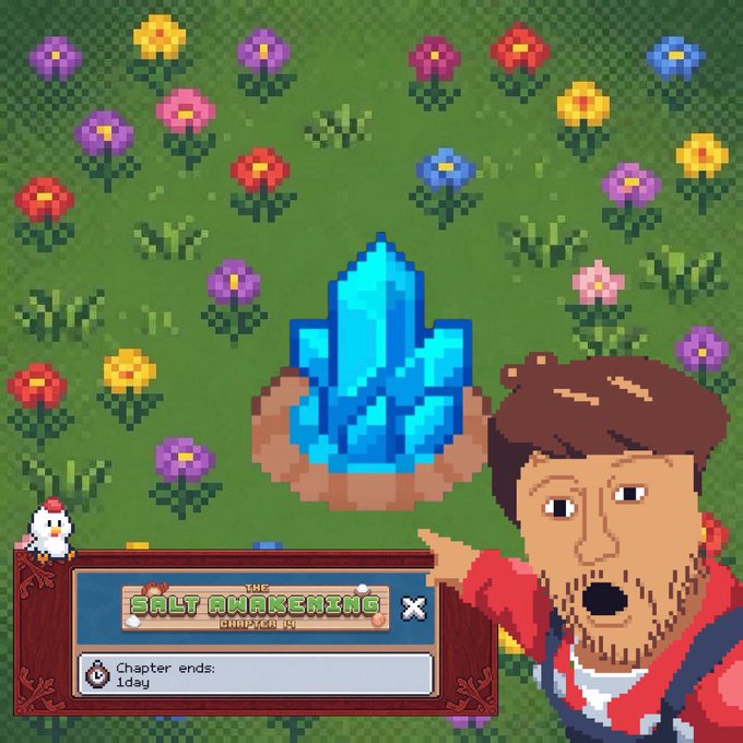 A pixel art scene showing a bearded character pointing at a blue crystal in a grassy field with colorful flowers, with a banner for 'The Salt Awakening CHAPTER 19' that indicates 'Chapter ends: 1day'.