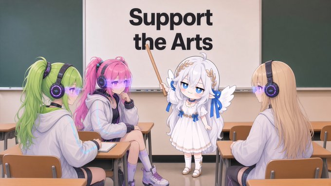 An anime-style illustration showing characters with headphones sitting at desks while a small winged character points to the text 'Support the Arts' written on a chalkboard.