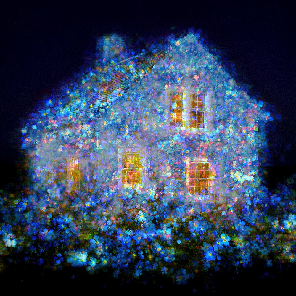 The image features a house with blue flowers surrounding it, creating an artistic and surreal appearance. The house has two windows and a chimney, adding to its unique charm. The flowers are scattered around the house, giving it a whimsical feel. The image is accompanied by a caption that reads "NEW DROP Domus Non Est Domus ?". This phrase might be related to the house's location or the time period when the photo was taken.

The post appears to be an artistic representation of a house with blue flowers, possibly inspired by surrealism or dream-like imagery. The image is likely meant to evoke emotions and spark imagination in viewers who appreciate unconventional art forms.