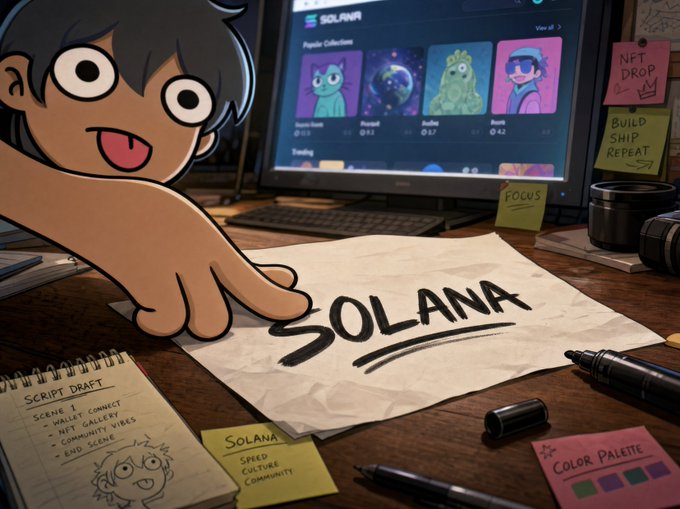 A cartoon-style illustration of a character pointing at a paper with 'SOLANA' written on it, with a Solana NFT collection interface on a computer monitor in the background.