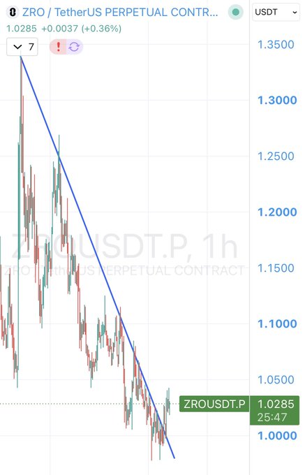 A trading chart for 'ZRO / TetherUS PERPETUAL CONTR...' showing a downward trend with a current price of 1.0285 (+0.36%), with 'ZROUSDT.P' labeled on the graph.