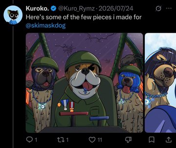 A tweet from user Kuroko (@Kuro_Rymz) dated 2026/07/24 showcases digital artwork featuring three anthropomorphic dogs in military helmets and attire, with the caption "Here's some of the few pieces i made for @skimaskdog" and showing engagement metrics of 1 reply, 1 retweet, and 11 likes.

The image appears unrelated to the accompanying post about "$RAKO" and its developer, as it simply displays fan art rather than any content about cryptocurrency, coins, or financial topics.