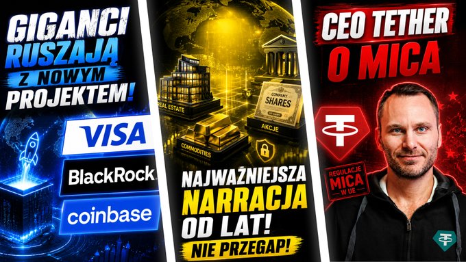 A Polish-language YouTube thumbnail collage featuring 'GIGANCI RUSZAJĄ Z NOWYM PROJEKTEM!' with Visa, BlackRock, and Coinbase logos, and 'CEO TETHER O MICA' with a portrait of Paolo Ardoino.
