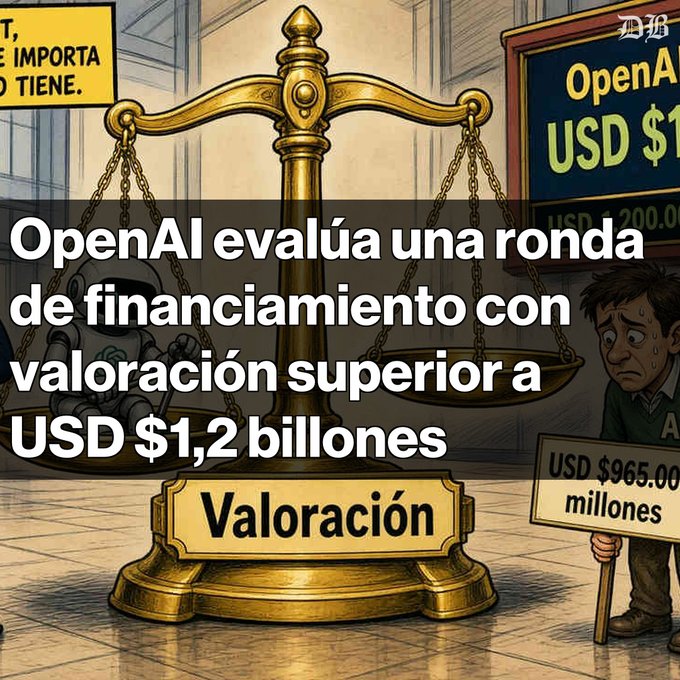 An illustration of a golden scale labeled 'Valoración' with text 'OpenAI evalúa una ronda de financiamiento con valoración superior a USD $1,2 billones' and a character holding a sign reading 'USD $965.00 millones'.