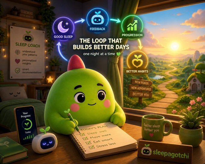 A promotional graphic for 'sleepagotchi' featuring a green mascot character writing in a notebook with a 'TODAY'S PLAN' list (Sleep well, Move more, Eat smart, Stress less), surrounded by a loop diagram showing 'GOOD SLEEP → FEEDBACK → PROGRESSION → BETTER HABITS' under the headline 'THE LOOP THAT BUILDS BETTER DAYS'.