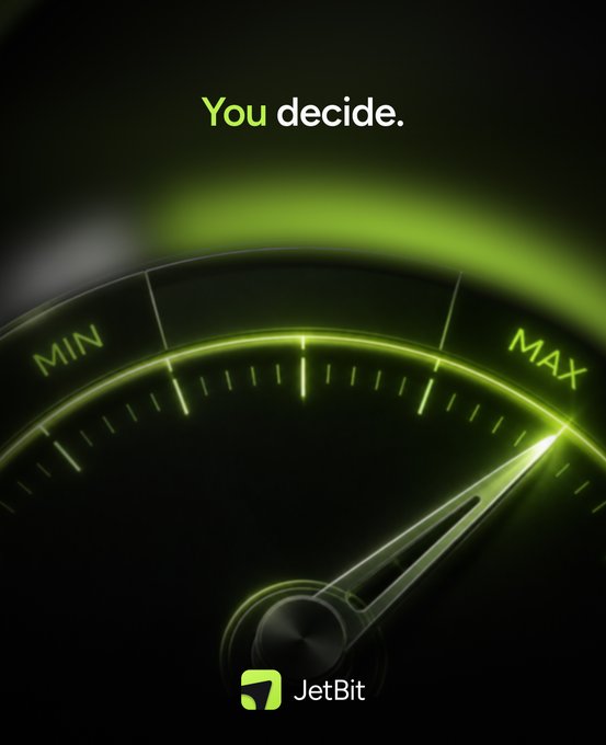 A glowing green speedometer-style gauge dial points toward MAX, with "You decide." text above and the "JetBit" logo below, visually reinforcing the message that users control their own allocation levels when copy trading on the platform.