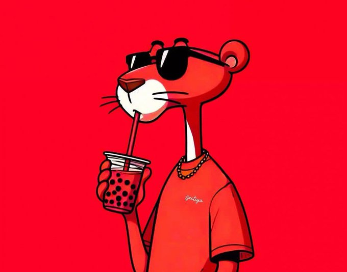 A cartoon illustration on a red background features the Pink Panther character wearing sunglasses and a gold chain, drinking bubble tea from a cup.