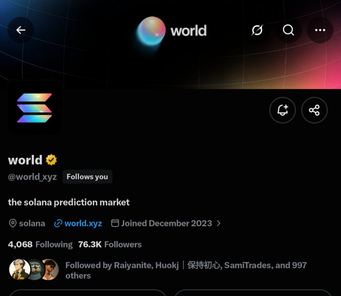A dark-themed Twitter/X profile page for "world" (@world_xyz), described as "the solana prediction market", featuring a verified checkmark, a Solana tag, and 76.3K Followers.