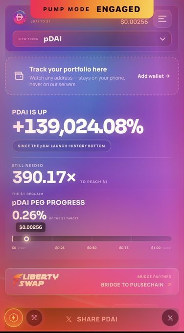 A mobile app screen for the pDAI token showing "PUMP MODE ENGAGED" at the top, displaying a price of $0.00256, +139,024.08% gains since launch, still needing 390.17x to reach $1, with a LibertySwap bridge partner section.