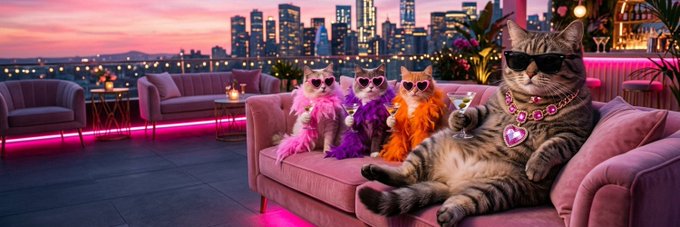 Four stylish cats in pink sunglasses, feather boas, and a jeweled collar lounge on a pink velvet couch at a rooftop bar, sipping cocktails against a glittering city skyline at sunset. The image's glamorous, playful "cat life" aesthetic ties into the post's joke about cats being funny—even on the Robinhood chain.