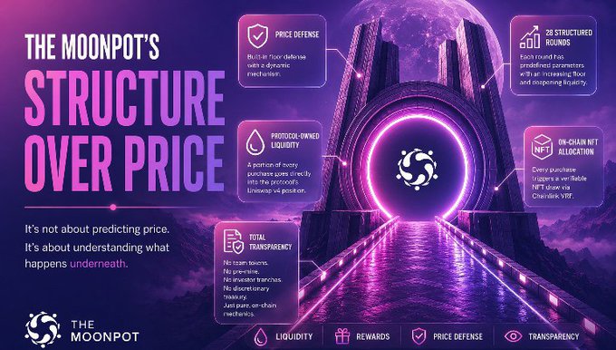 A promotional graphic for "The Moonpot" titled "STRUCTURE OVER PRICE", highlighting features like dynamic price defense, liquidity, and on-chain transparency with a glowing purple portal background.