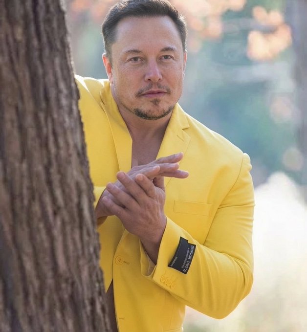 A man in a bright yellow suit poses behind a tree, with a "Make Memes Great Again" patch visible on his sleeve, playing on the "Make America Great Again" slogan to humorously reframe the phrase in a meme-culture context.