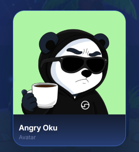 A digital avatar card titled "Angry Oku" features a cartoon bear wearing black sunglasses and a hoodie, holding a coffee cup.