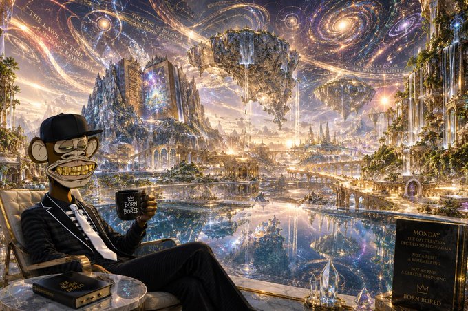A cartoon ape in a suit and cap lounges with a coffee mug labeled "BORN BORED" against a fantastical, celestial cityscape, with a plaque showing "MONDAY — 1st Day Creation, Begins a New Born Bored" and "BORN BORED" text. The image perfectly complements the post's theme, capturing the relaxed, smiling "ready for Monday" mood as the ape sips coffee amid an imaginative, otherworldly backdrop symbolizing fresh opportunities in Web3.