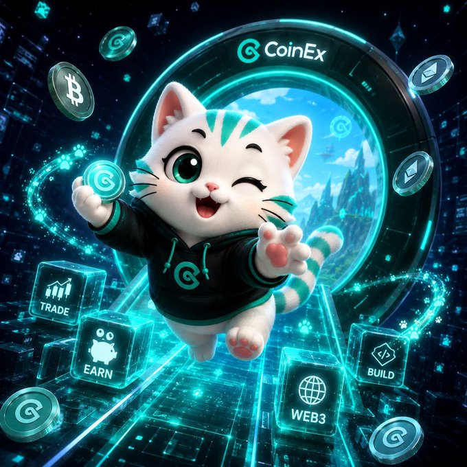 A promotional graphic for CoinEx showing an animated white cat mascot jumping through a portal, surrounded by floating cryptocurrency coins and app icons labeled 'Trade', 'Earn', 'Web3', and 'Build'.