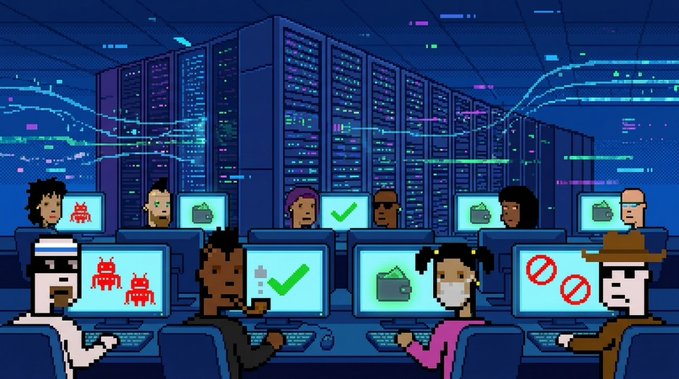 A pixel-art illustration depicts a bustling data center filled with rows of server racks glowing in blue and purple hues, where various characters sit at computer terminals scanning for bots and verifying authentic wallets, with screens displaying green checkmarks for genuine entries, red robot icons for bots, and red prohibition symbols for rejected wallets—visually representing the verification and filtering process described in the post about closing whitelist applications, collecting over 40,000 wallet entries, and preparing to launch the whitelist checker on September 10.