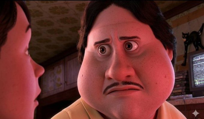 A 3D animated character with wide eyes and a concerned expression stares at another character in a dimly lit room, with a black cat perched on a TV in the background. The image humorously captures the stressed, uncertain reaction of a project founder being pressed by his community for quick profits on a low-mint NFT collection.