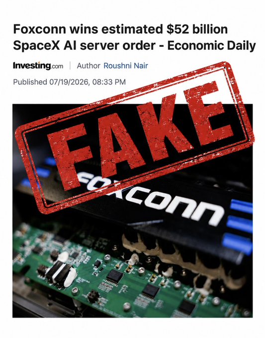 A screenshot of an Investing.com article headlined 'Foxconn wins estimated $52 billion SpaceX AI server order - Economic Daily,' stamped with a large red 'FAKE' label.