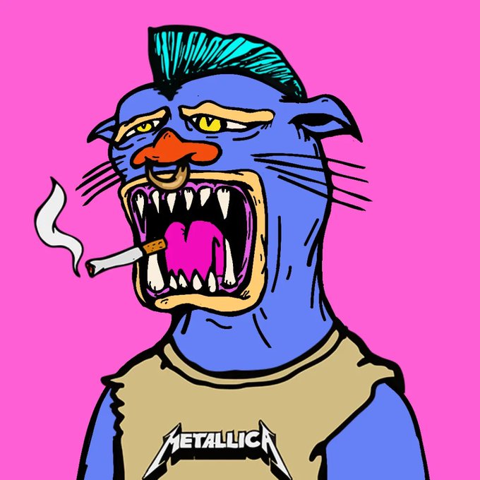 A cartoon illustration of a blue, fanged creature with a teal mohawk smoking a cigarette and wearing a Metallica shirt against a pink background.