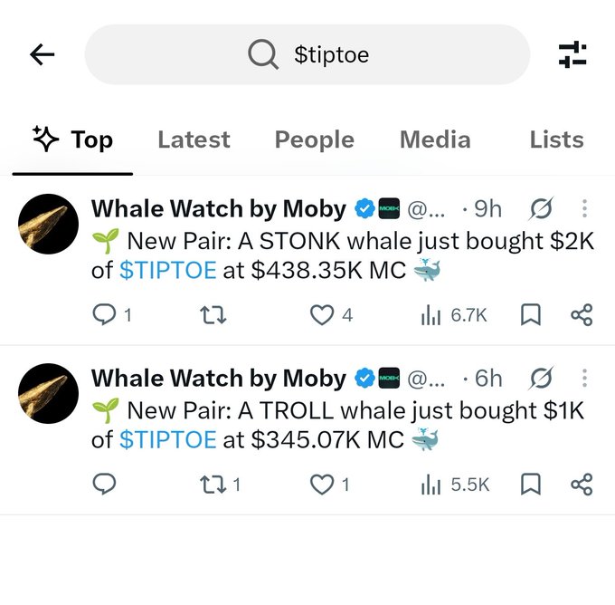A Twitter/X search results page for '$tiptoe' showing posts from 'Whale Watch by Moby' about whales buying $STONK and $TROLL pairs of $TIPTOE tokens at various market caps.