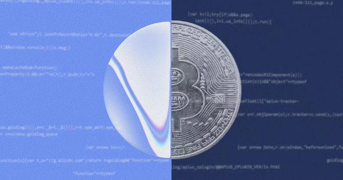 A split-screen showing a Bitcoin physical coin half-blended with an abstract blue 3D wave, overlaid on code text resembling JavaScript.