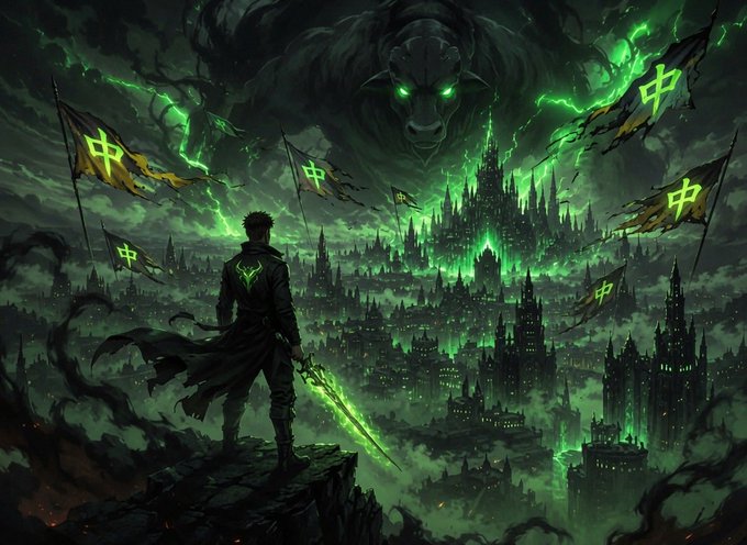A digital fantasy artwork featuring a warrior holding a glowing green sword, looking out over a gothic city under a green sky, with a giant wolf-like creature looming in the clouds and flags bearing a green symbol.
