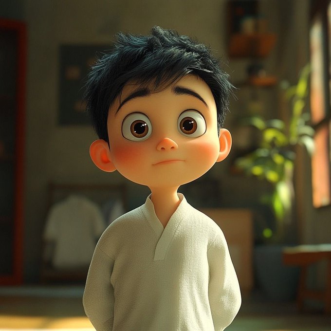 A 3D animated-style young boy with large brown eyes, dark messy hair, and rosy cheeks, wearing a cream-colored traditional tunic, standing in a softly lit interior with plants and furniture in the background.