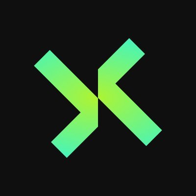 A minimalist logo on a black background featuring an intersecting, angled design in a gradient of light green and yellow-green.
