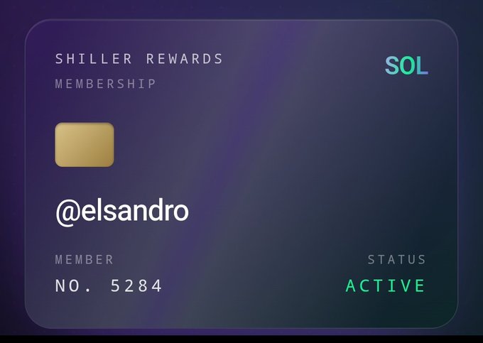 The image features a credit card with a purple background, displaying the text "SOL" at the top. The card also has a gold square logo for "Shiller Rewards" and a green square representing an active status. The card's design is modern and sleek, reflecting the brand's identity as a leader in the crypto community.